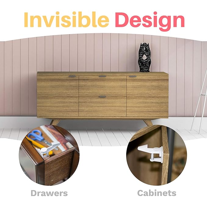 Inaya 16-Pack Cabinet Locks, Child Safety Latches - Baby Proofing Cabinets and Drawer Locks - 3M Adhesive - No Drilling & No Tools Required - Child Proof Your Home
