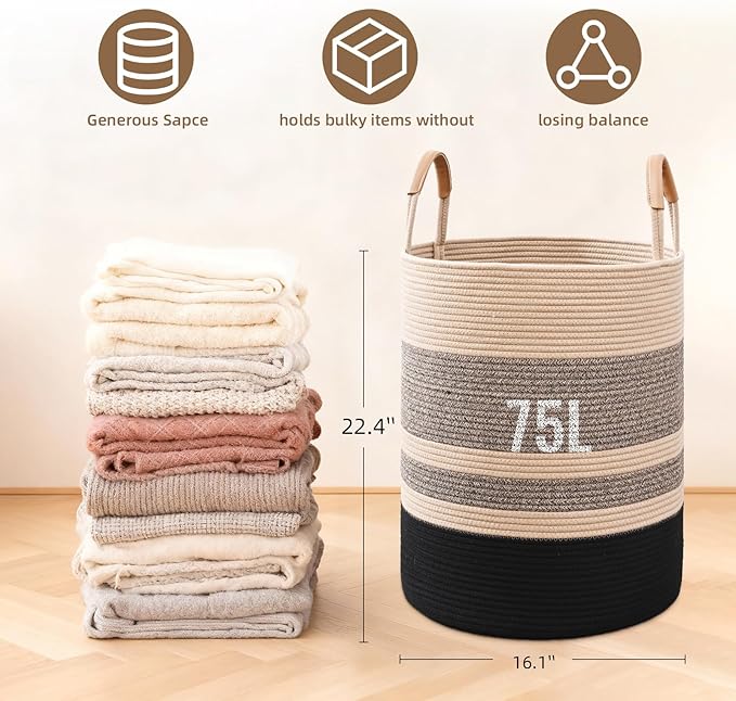 Degeyoyo 75L Striped Laundry Basket, Brown & Black Laundry Hamper with Leather Handles, Woven Cotton Rope Storage Bin for Blankets, Nursery Hamper for Clothes, Toys In Bathroom, Livingroom, Bedroom