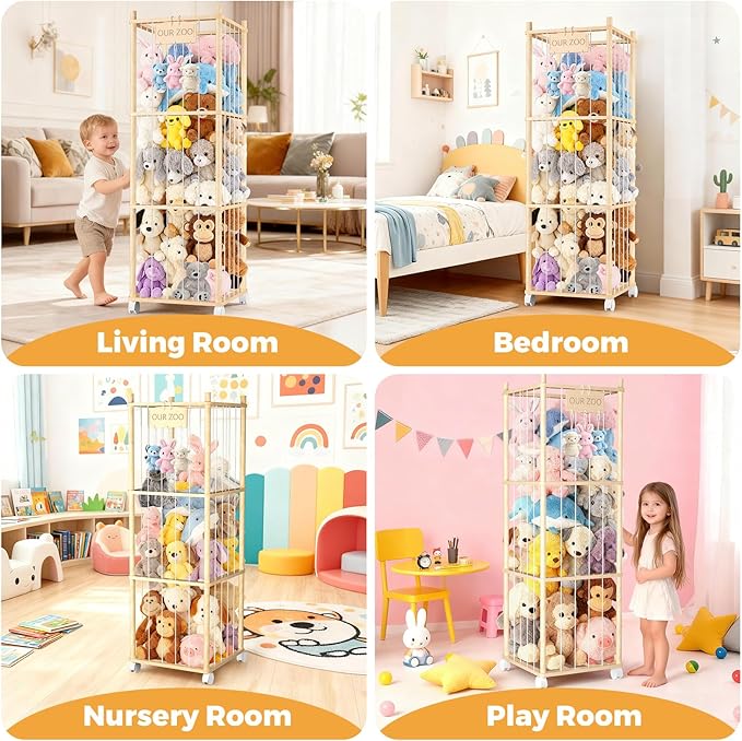 DUOQNY Stuffed Animal Storage, Wood Plush Toy Storage Organizer, Large Capacity Toy Cage with DIY Plaque Hang Small Objects, Gift for Nursery Playroom Kidroom Bedroom (54-Inch)