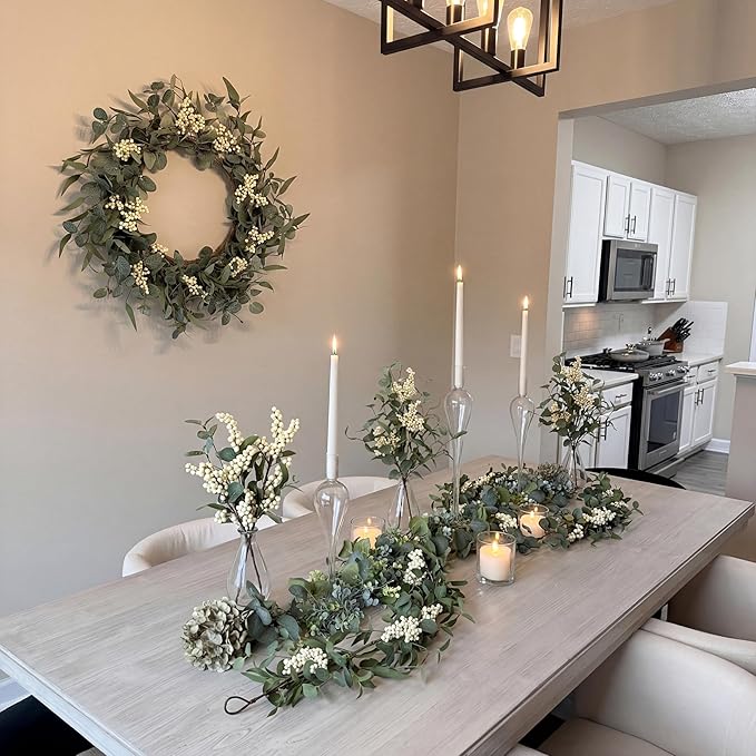 Pinkpum 20'' Eucalyptus Wreath 6FT Greenery 20'' Artificial Plants Set 6 for Front Door Fireplace Table Hanging Porch Wall Home Window Decor Farmhouse Garden Indoor Outdoor Summer Spring Fall Garland