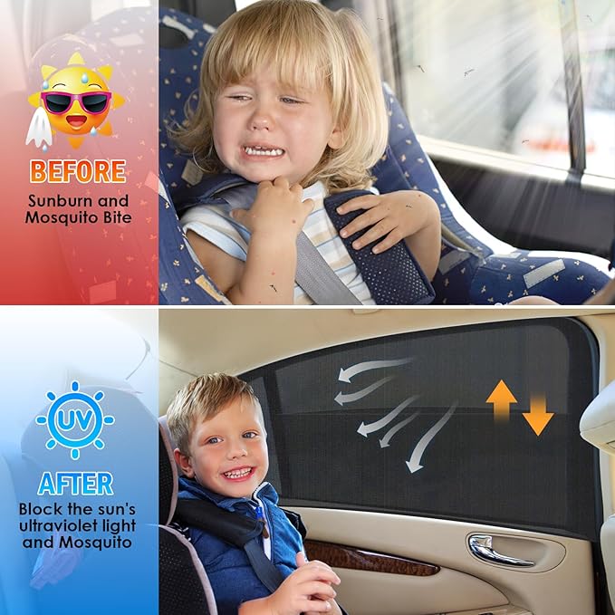 Car Window Shade for Baby, UV Protection Breathable Mesh Window Shades for Baby in Car, Universal Fit Stretchable Sun Shade for Keep Interior Cool for Toddler Kids Children (2 Pack)