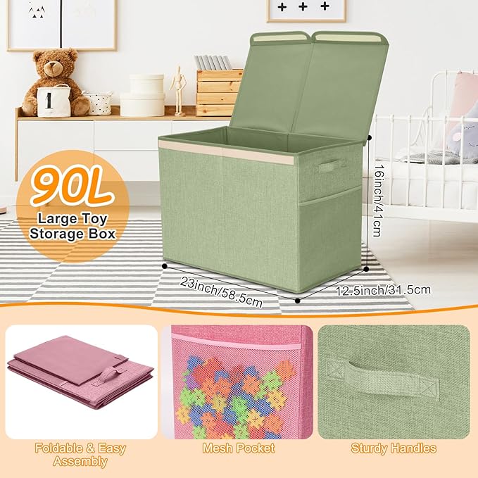Fiwochic 3 Pack 23" Large Toy Storage Box with 11" Cubes Bins, Collapsible Toy Organizer Chest with Lids for Kids Nursery Playroom Bedroom Living Room Christmas Ornament Storage Box(Green)