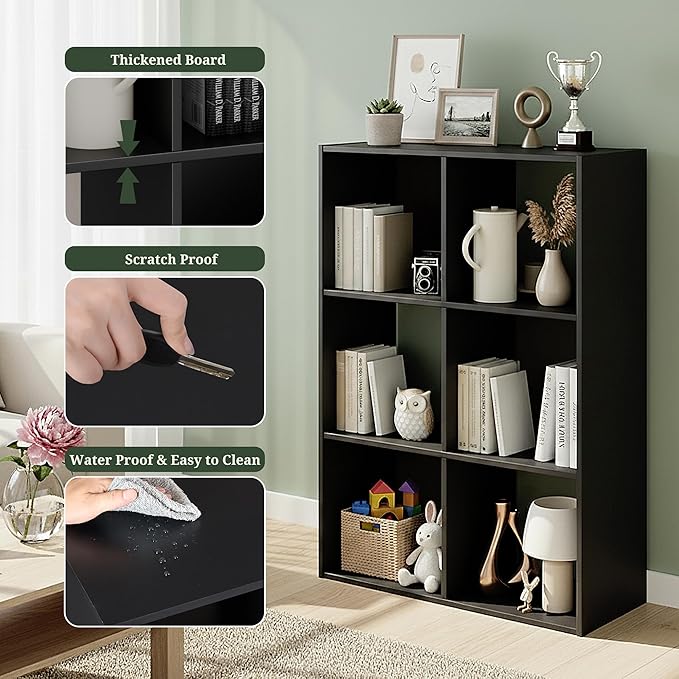 6-Cube Storage Organizer, Black Bookshelf with Open Compartments for Home Office, Modern Bookcase Display Shelf for Living Room, Bedroom & Entryway