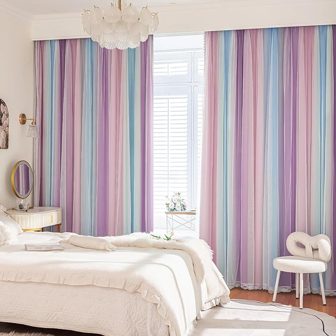 XiDi Double Layer Curtains with Sheer Overlay for Girls Bedroom Living Room 2 Panels 96 Inches Long Colorful Rainbow Blackout Curtains for Kids Unicorn Princess Grommet Drapes Pink Purple W34 x L96
