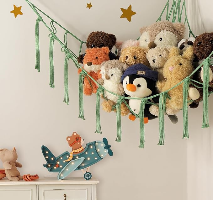 Stuffed Animal Hammock Corner Net for Toys Storage Hanging Stuff Animal Organizer Holder Matcha Green Room Bedroom Nursery Decor Organization