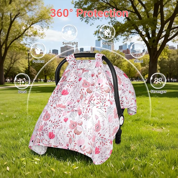 Car Seat Cover Baby, Carseat Covers Baby with 2 Layers Breathable Zipper Windows, Windproof Infant Car Seat Cover, Kick-Proof Baby Carrier Cover for Baby Girl Newborn Essentials