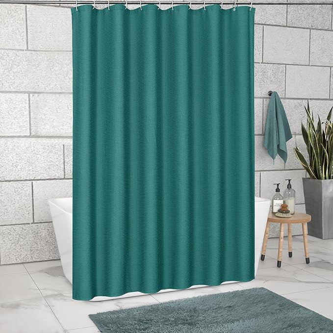 MitoVilla Extra Long Shower Curtain 72 x 84, Emerald Green 84 inch XL Waffle Fabric Shower Curtains for Modern Luxury Bathroom Decor, Waffle Weave Textured Shower Curtain 84 inch, Seaweed Green