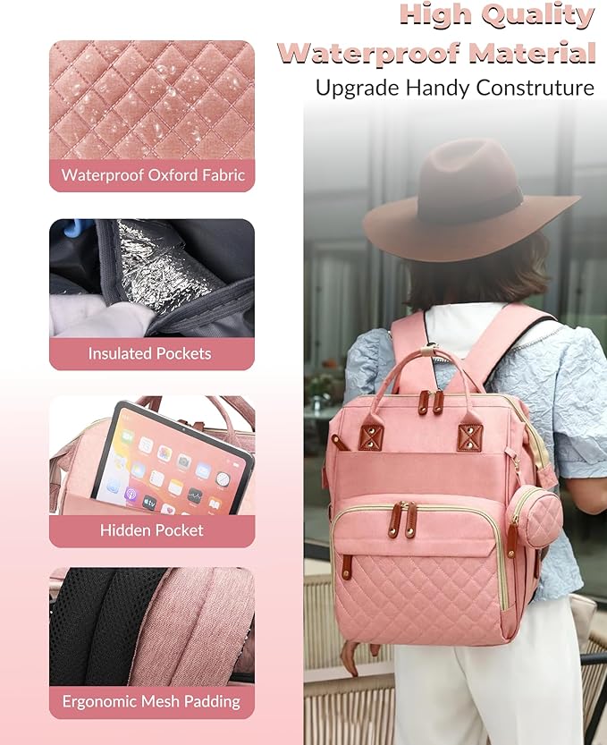 Lamroro Diaper Bag with Changing Station, Waterproof 3 in 1 Baby Diaper Backpack with Foldable Changing Pad, Large Travel Back Pack for Baby Girl Boy, Peach Pink