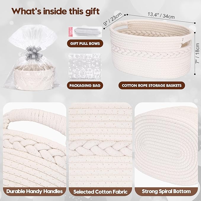 Sea Team Woven Cotton Rope Gift Basket with Gift Bags & Ribbons, Empty Storage Basket, Baby Shower Present, Pet Gift or Nursery Storage Bin, 13.4 x 9.1 x 7.1 Inches, White