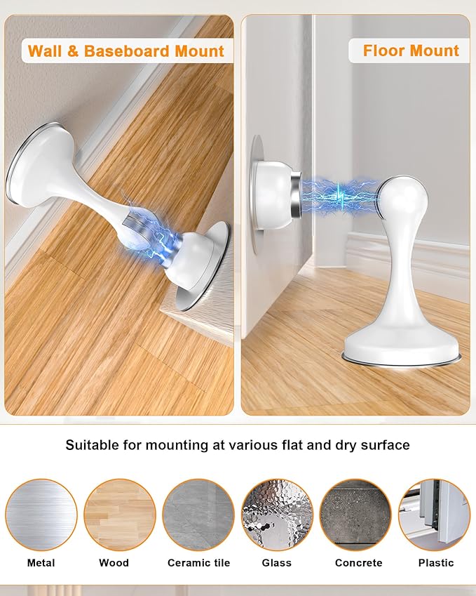 Crosize Magnetic Door Stoppers 8 Pack, Stainless Steel Door Stops for Wall and Floor Mounting, Door Holder Keep Door Open, No Drilling Door Stop with 3D Adhesive Tapes, White