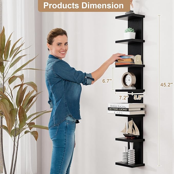 Fun Memories 7 Tier Wall Shelf Unit, Black Floating Shelves for Storage - Vertical Column Tower Design, Lack Wall Shelf Space Saving Organizer for Bedroom, Living Room, Home Decor