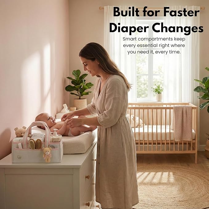 PeraBella Diaper Caddy Organizer with Handle, Baby Shower Gifts Basket Bag, Registry Search Must Haves Items, Nursery Storage Organizer for Newborn Girl Boy, Baby Bag Essentials, Car Diaper Caddy Cart