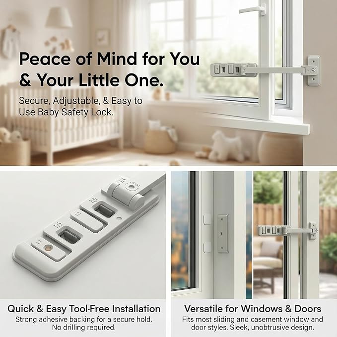 Premium Child Safety Locks – Adjustable, No-Drill & Easy-Install Home Safety Kit – Window Restrictor Lock