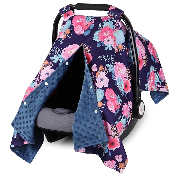 Rquite Car Seat Cover Baby, Carseat Covers Baby for Girl Boy, Warm Minky Infant Car Seat Cover Winter, Peekaboo Opening Car Seat Canopy, Multi-use Baby Carrier, Stroller, Nursing Cover, Minky Blanket