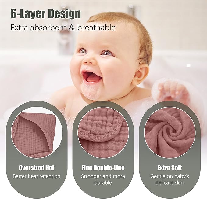 Spotted Play 2 Pack Hooded Baby Towels - 100% Muslin Cotton for Newborns, Infants, Toddlers - Large 32x32 Inch Size - Highly Absorbent and Essential for Newborn Care, Deep Bean Paste