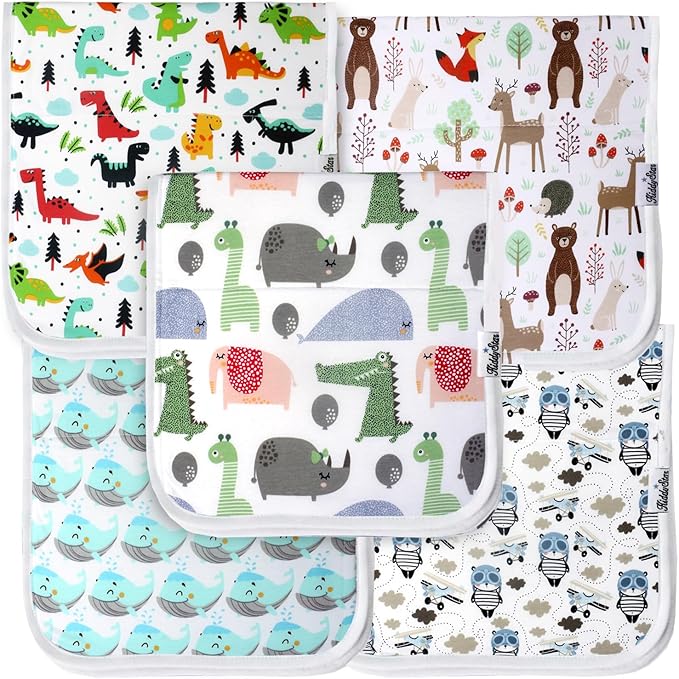 KiddyStar 5-Pack Organic Cotton Burp Cloths – Large, Ultra-Soft 3-Layer Towels for Burping, Shoulder & Hand Use, Highly Absorbent