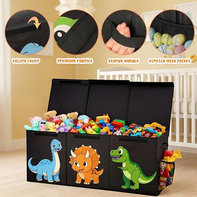 Extra Large Collapsible Toy Box Chest, Sturdy Dinosaur Toy Storage Organizer with Lids, 40"x16"x14", Toy Box for Boys Girls, Cute Kids Bin Baskets for Living Room, Playroom, Nursery, Bedroom, Black