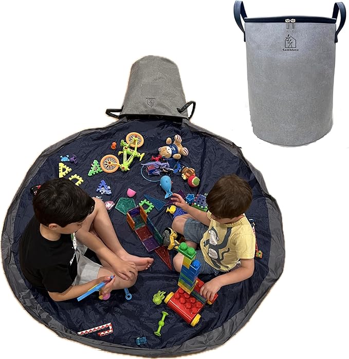 Light Grey Portable Toy Storage Basket and Playmat, 9.3 Gallon Bag, Double Zippers, Leather Handles, 60" Playmat, Bucket Basket Toy Bin