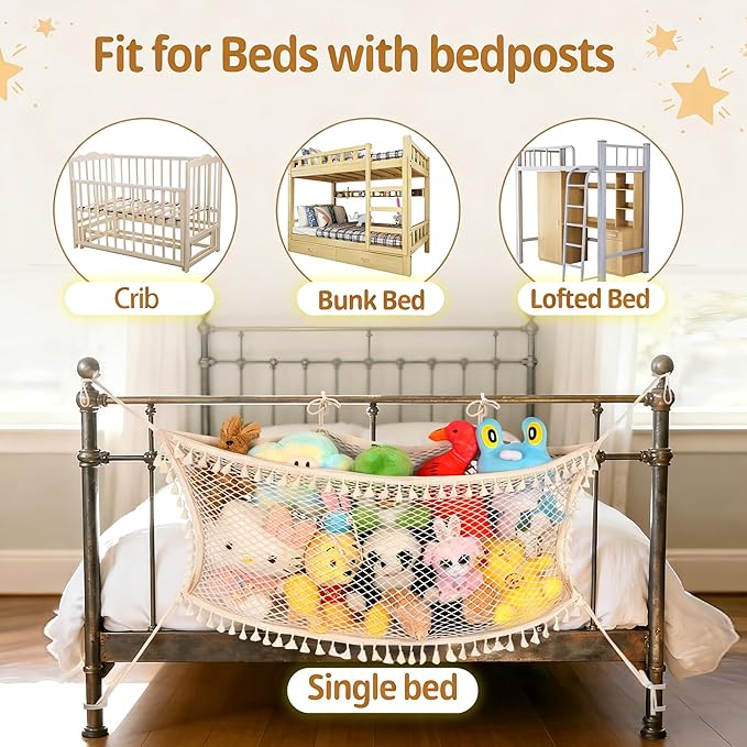 Stuffed Animal Storage Net, Large Bedside Toy Organizer Net, Cotton Plushie Toy Storage Hammock with Tether for Stuffed Animals Playroom Organization