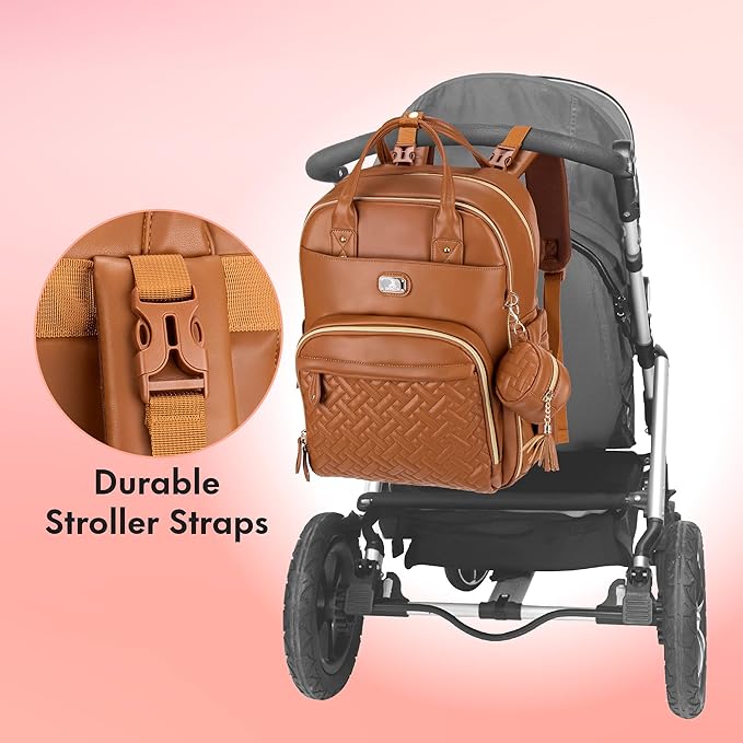 Dikaslon Leather Diaper Bag Backpack with Portable Changing Pad, Pacifier Case and Stroller Straps, Large Unisex Baby Bags for Boys Girls, Multipurpose Travel Back Pack for Moms Dads, Dark Brown