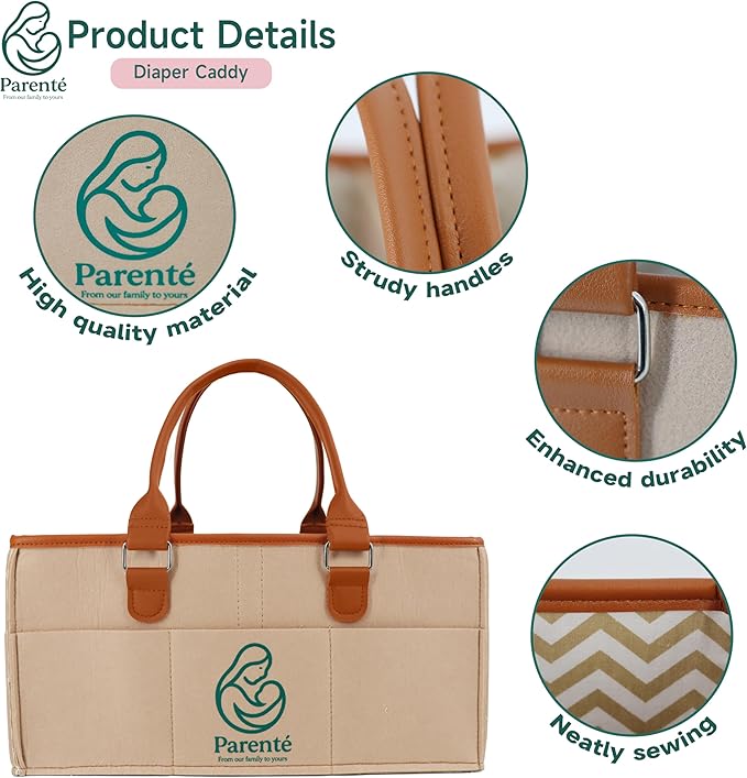Parenté Diaper Caddy Organizer—Portable Baby Caddy for Baby Stuff, Newborn Essentials Must-Haves, Caddy Organizer with Handle, Ideal Baby Shower Gifts, Nursery Storage Basket for Diapers & Wipes