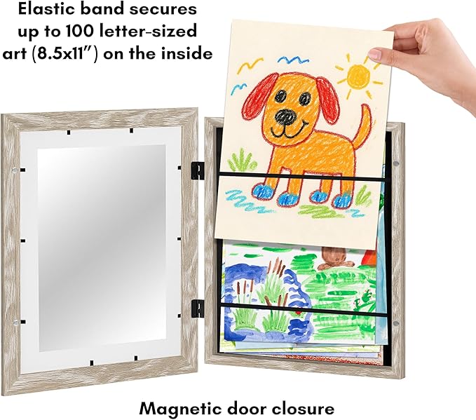 Americanflat Kids Artwork Frame Changeable (Driftwood) - Magnetic Door Holds 100 Art Pieces - 8.5x11 Letter Size Display with Mat or 10x12.5 Without Mat - My Mini Masterpiece