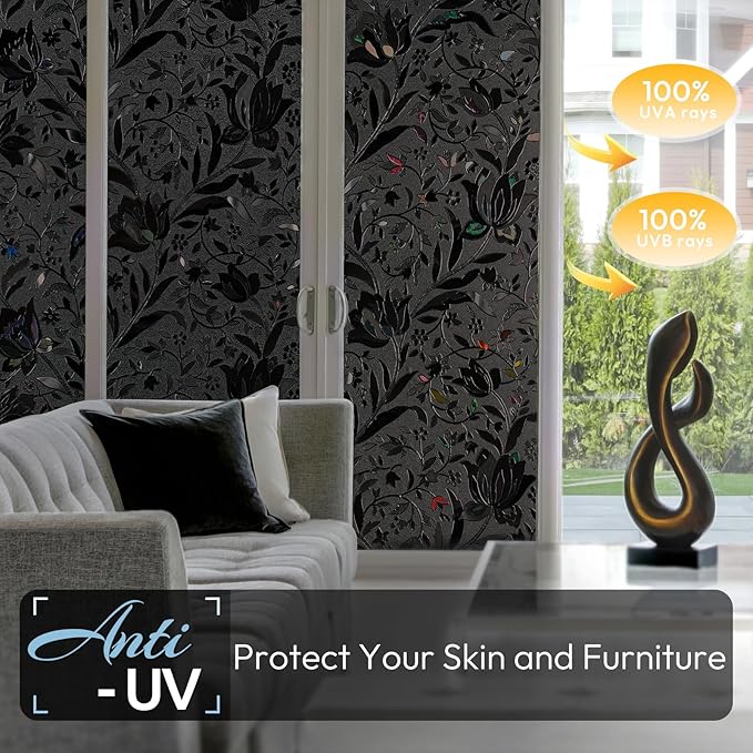 rabbitgoo Total Blackout Window Film Sun Blocking, Black Privacy Window Film Light Blocker, Stained Glass Thermal Cling Heat Control, Room Darkening Glass Sticker for Door Covering, 29.5" x 78.7"