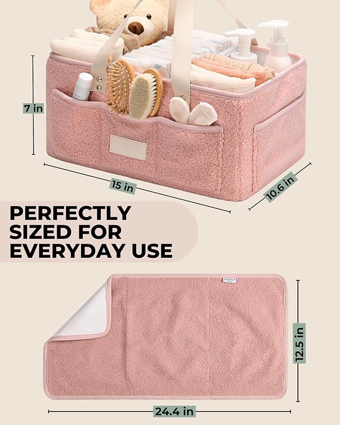Toodly Baby Diaper Caddy Organizer with Portable Changing Mat - Teddy Fleece Diaper Organizer for Changing Table - Basket for Changing Essentials - Baby Essentials Organizer with Removable Dividers