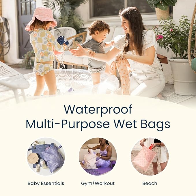 Tiny Twinkle Mess Proof Wet Bags | 2-Pack Reusable Waterproof Wet Bags for Swimsuits | Baby Clothes | Travel & Diaper Bag (Taupe, Dandelion)