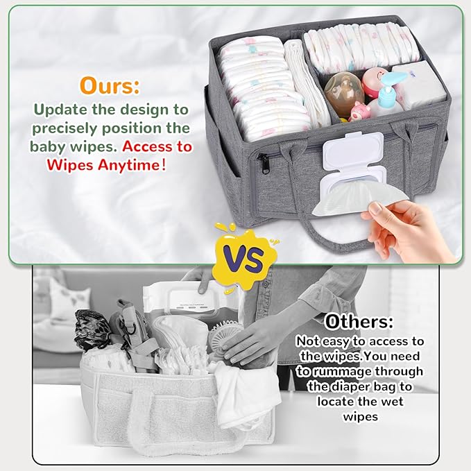 Volnamal Premium Diaper Caddy with Smart Side Wipes Pocket, Diaper Organizer, Portable Car Organizer & Nursery Basket for Newborn Essentials, Perfect Registry Must Haves for Boys & Girls, Grey