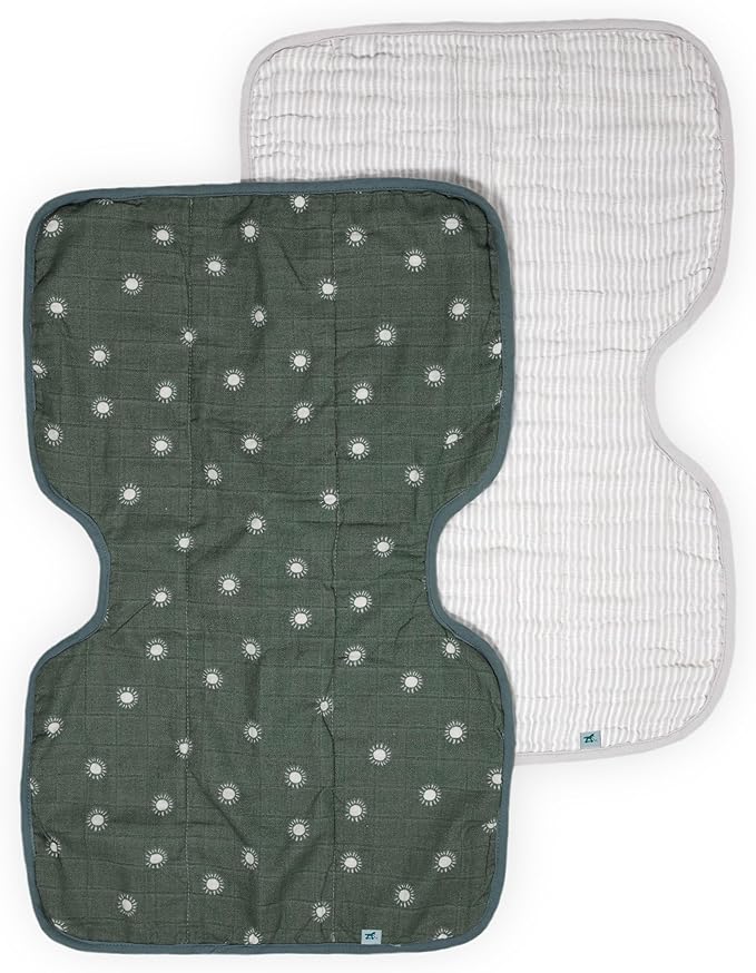 Little Unicorn 100% Certified Natural Organic Cotton Burp Cloth 2 Pack | Ultra-Absorbent & Soft Muslin Fabric | Larger Size & Ergonomic Design (Sage Suns + Sand Stripe)