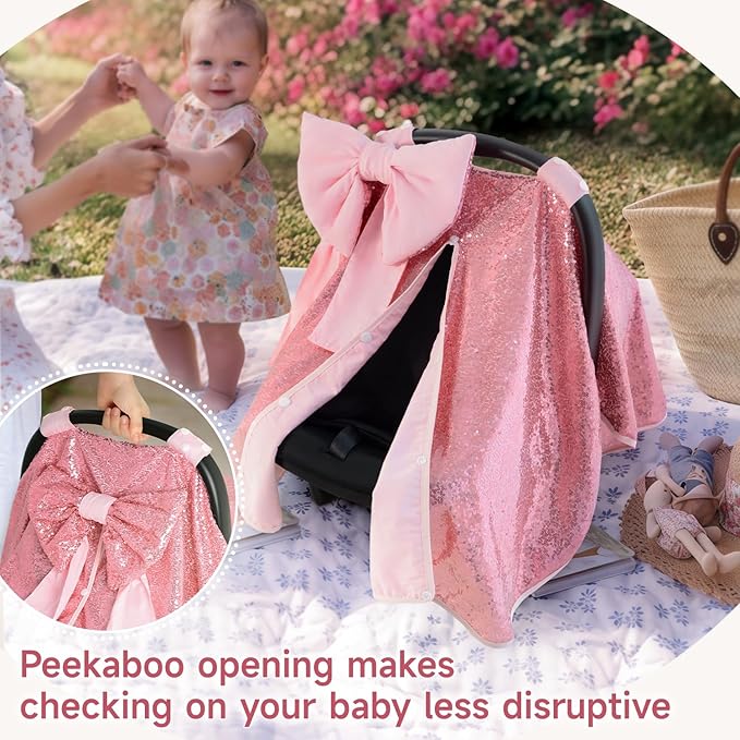Baby Carseat Canopy Cover with Bow for Girls Boys with Bow Stroller and Cart Cover Carseat Nursing Cover Newborn Gift (Pink)