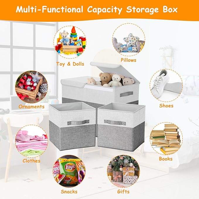 Fiwochic 3 Pack 23" Large Toy Storage Box with 11" Cubes Bins, Collapsible Toy Organizer Chest with Lids for Kids Nursery Playroom Bedroom Living Room Christmas Ornament Storage Box(Grey White)