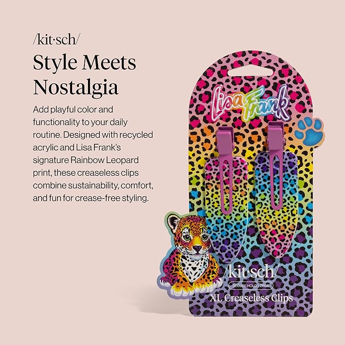 Lisa Frank x Kitsch XL Creaseless Hair Clips for Women - No Crease, No Bend Hair Clips for Styling, Makeup Application, or Face Wash | Recycled Acrylic - Rainbow Leopard | Gifts for Women, 2pcs