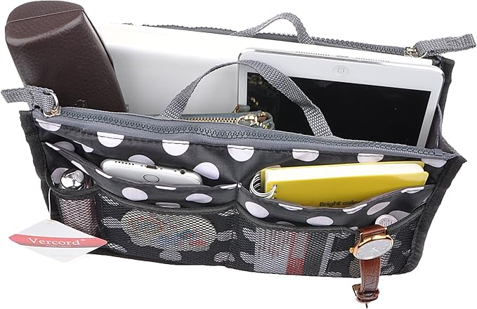 Vercord Purse Organizer Insert for Handbags Bag Organizers Inside Tote Pocketbook Women Nurse Nylon 13 Pockets Black Dot Small