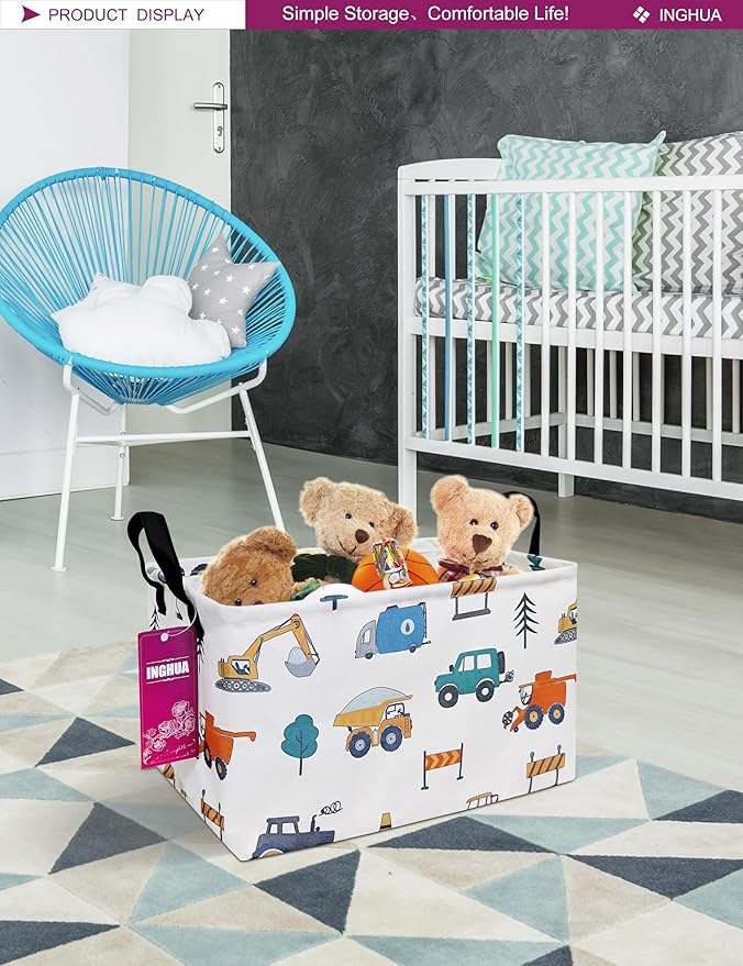 INGHUA Rectangular Storage Basket Fabric Organizer Bin for Toys,Books,Clothes,Gifts,Pets-Perfect for Home,Office,Nursery,Dorm,Shelf(Rec-Vehicles )