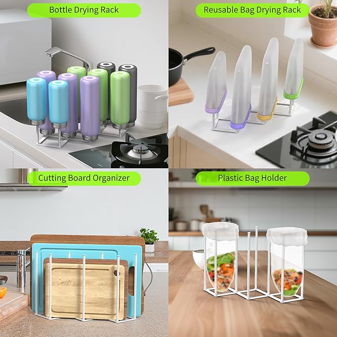 LAEMYFYRE Collapsible Bottle Drying Rack, Foldable Baby Bottle Drying Rack, Portable Drainer Stand Holder for Water Bottles, Cup, Reusable Silicone Bag, Cutting Board (White)