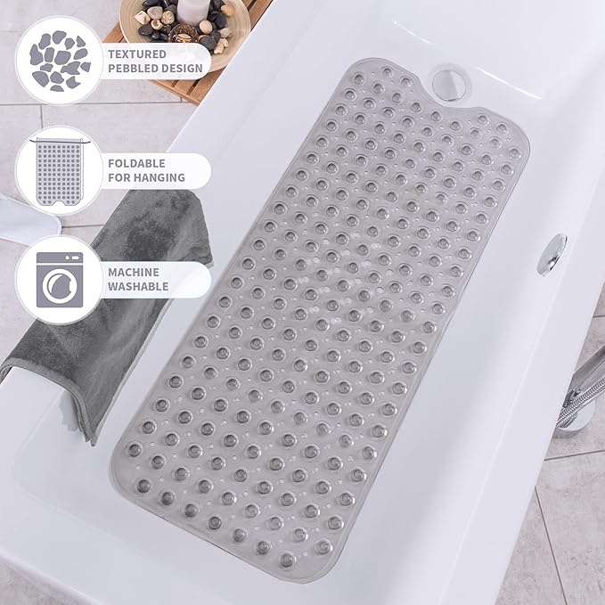ROSMARUS Extra Long 16” x 39” Non-Slip Bathtub Mat, Shower Mat for Tub with Suction Cups and Drain Holes Bathtub Mats for Kids, Baby, Bathroom Shower Floor Mat Anti Slip Bathtub Accessories, Grey