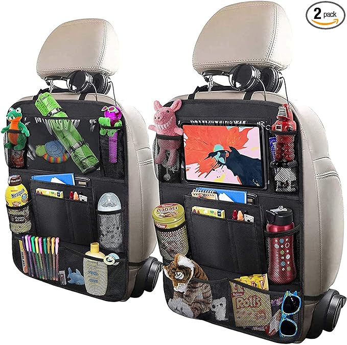 ULEEKA Car Backseat Organizer with 10" Table Holder, 9 Storage Pockets Seat Back Protectors Kick Mats for Kids Toddlers, Travel Accessories, 2 Pack