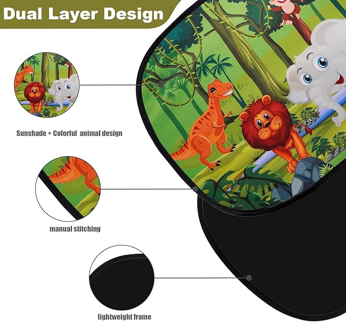 ABSOFINE Car Window Sun Shades for Baby Kids 2 Pack 19"x14", Animals Cartoon Window Shades Sun Blocker Cover, Baby Car Shades for Back Windows with 8 Suction Cups and Storage Bag, Anti Glare & UV