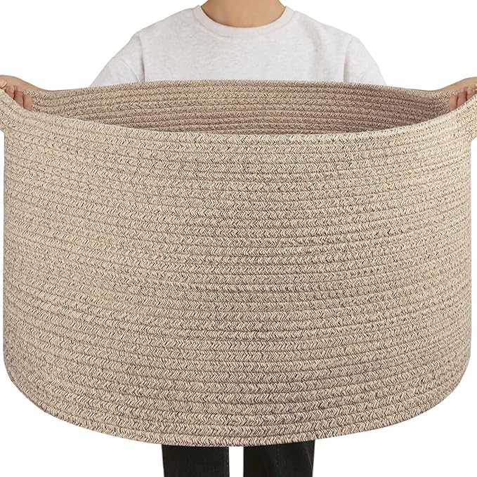 OIAHOMY 90L Blanket Basket for Living Room, Large Basket 23" x 23" x 13" with Handle, Laundry Hamper for Blankets, Pillows, Toy Storage for Kids, Dogs - Brown