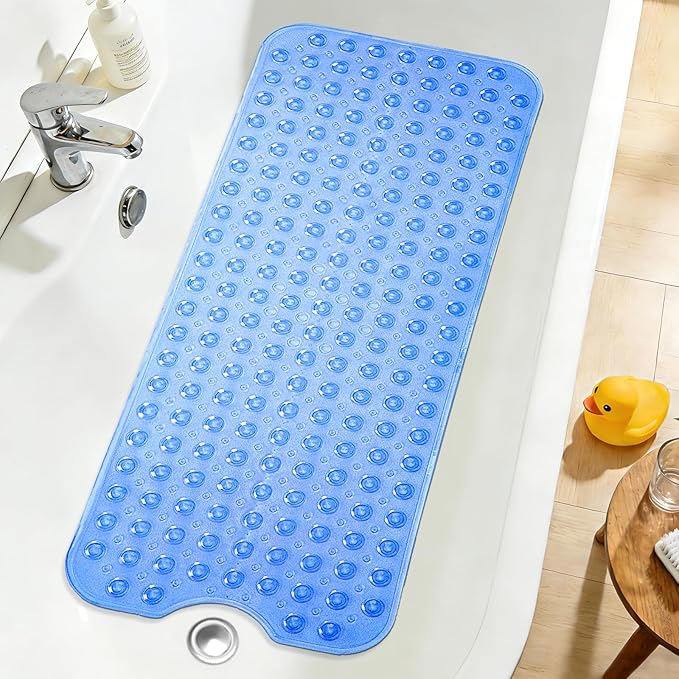 Extra Long Bathtub Mat Non Slip, Clear Navy Blue Soft Bath Mat for Tub 40 x 16 Inch Full Size, Long Shower Mats for Bathroom Floor, Big Suction Cups and Drain Holes, Easy Washable, BPA Free