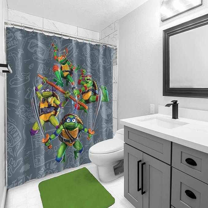 Jay Franco Nickelodeon Teenage Mutant Ninja Turtles Fabric Shower Curtain - Kids Grey Bathroom Décor with Leonardo, Raphael, Michaelangelo and Donatello
