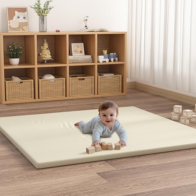 Padded Baby Play Mat, 1.3 Inch Thicken Foam Cushioned & 50 x 50 Waterproof Playpen Mat for Infants and Toddlers, Stylish and Just Wipe-Clean Playmat for Baby Play on Floor, Beige