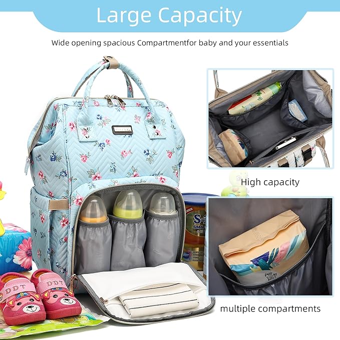 GAIVP Diaper Bag Backpack for Women, Baby Bags for Girls,Diaper Bag with Changing Pad, and Insulated Pockets-Blue Flowers