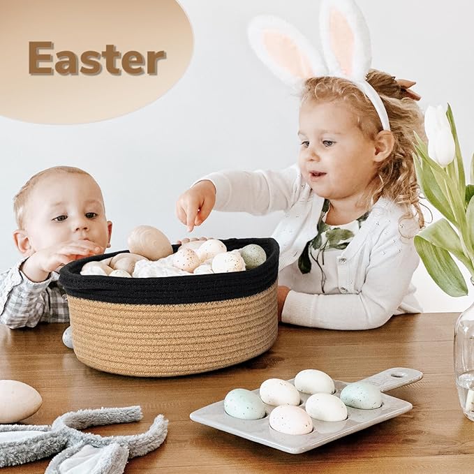 Goodpick Small Woven Basket, Decorative Basket for Home Decor, Small Woven Baskets with Handles for Gifts, Dog Toy Bin, Storage Baskets for Bathroom, Living Room, 12"x 8" x 5", Jute and Black