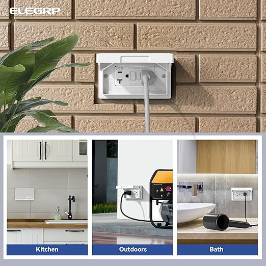 ELEGRP Horizontal Outdoor GFCI Outlet with Cover, Weather Resistant GFCI Receptacle and Wall Plate, 20 Amp Self-Test GFI Outlet, Thinner Design Ground Fault Receptacle, UL Listed, Matte White, 2 Pack