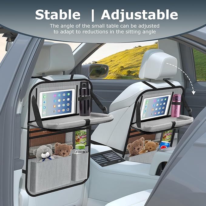 Oneyus Car Backseat Organizer with table Tray, 9 Storage Pockets Backseat Car Organizer with Tablet Holder, Back seat Organizer for Kids Road Trip Essentials Travel (1Pack)