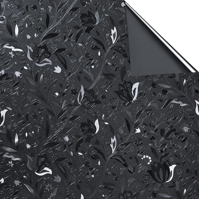 Bloss Window Film, Window Privacy Film Frosted, Vinyl Glass Covering, Stained Glass Decorative Film, Static Window Clings, Non-Adhesive (Black/Tulip, 17.7" x 78.7")