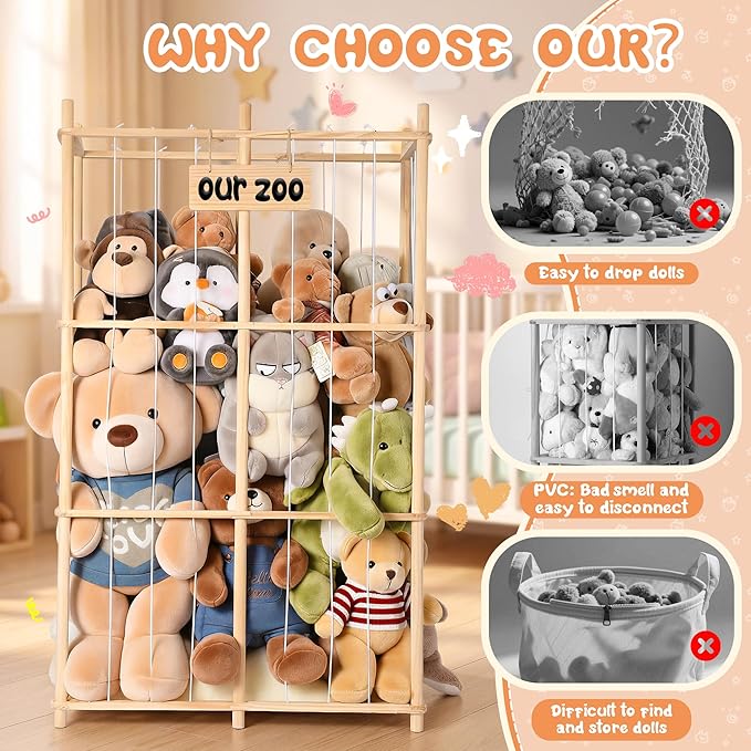 LAMU Stuffed Animal Storage, Wooden Zoo Stuffed Animal Holder with Elastic Cords, Space Save Plush Toy Cage, Double Capacity Extra Large Stuffed Animal Organizer for Playroom, Bedroom, Nursery, 31" W